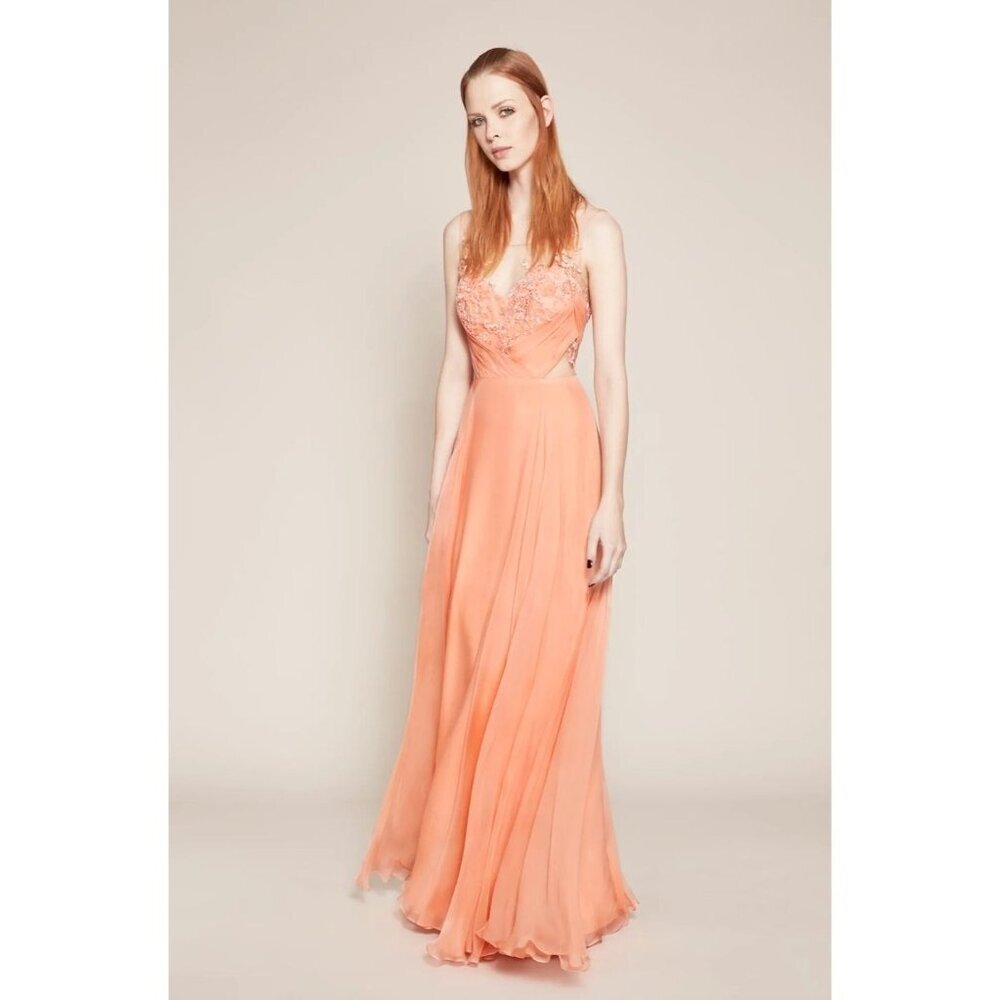 Marchesa Notte Blush Silk Gown Sheer Beaded Lace Bodice Flowing Chiffon Size 10